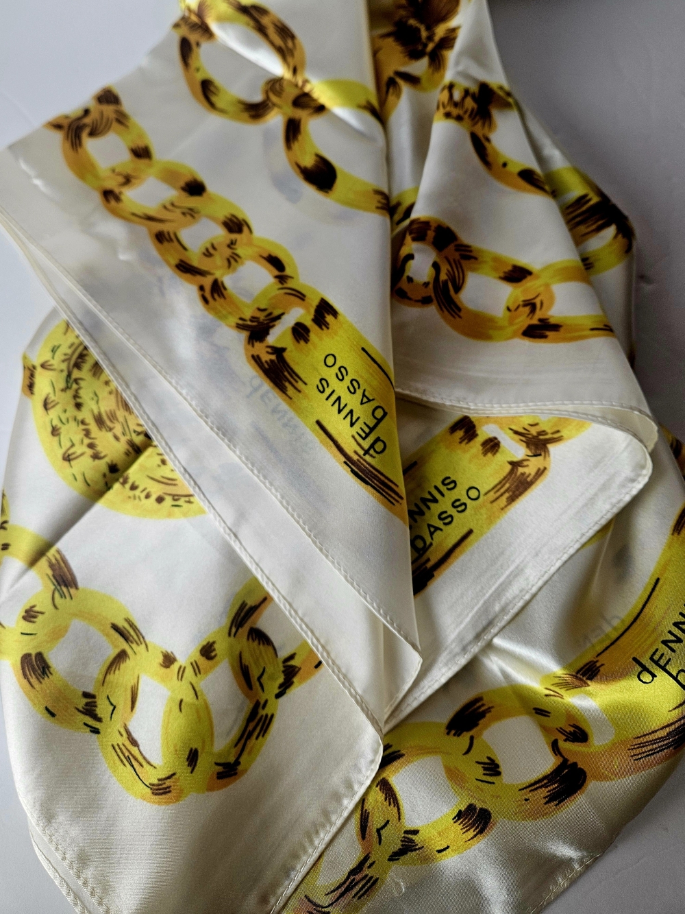 Dennis Basso Silk Scarf Yellow Gold Chain Link Print Vintage Square Wrap